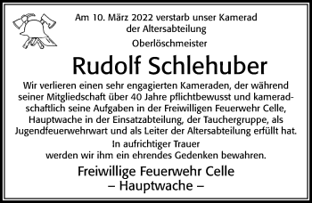 Traueranzeige von Rudolf Schlehuber von Cellesche Zeitung