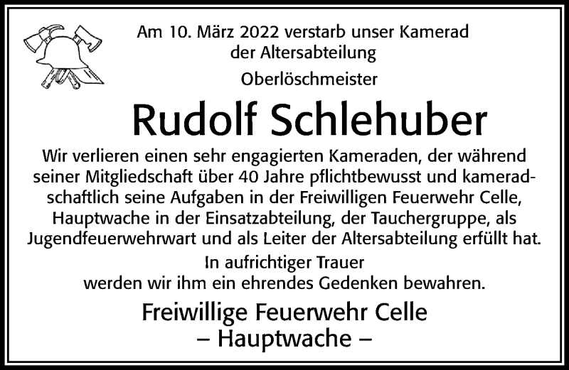  Traueranzeige für Rudolf Schlehuber vom 30.03.2022 aus Cellesche Zeitung