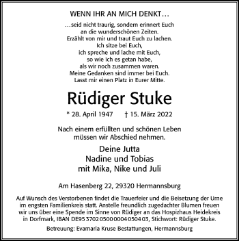 Traueranzeige von Rüdiger Stuke von Cellesche Zeitung