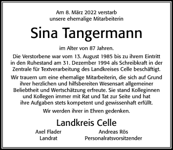 Traueranzeige von Sina Tangermann von Cellesche Zeitung