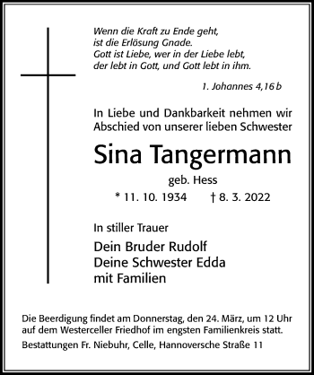Traueranzeige von Sina Tangermann von Cellesche Zeitung