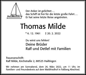Traueranzeige von Thomas Milde von Cellesche Zeitung