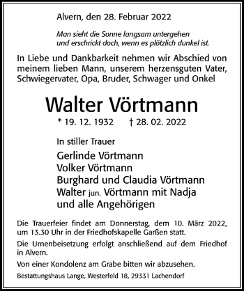 Traueranzeige von Walter Vörtmann von Cellesche Zeitung