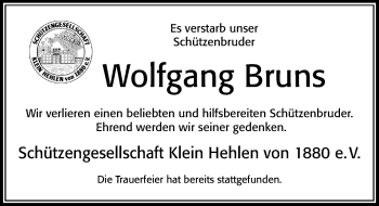 Traueranzeige von Wolfgang Bruns von Cellesche Zeitung