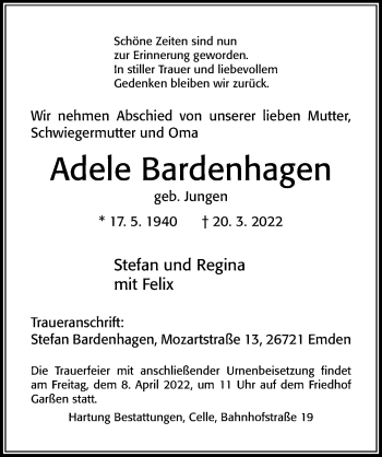 Traueranzeige von Adele Bardenhagen von Cellesche Zeitung