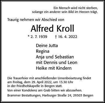 Traueranzeige von Alfred Kroll von Cellesche Zeitung