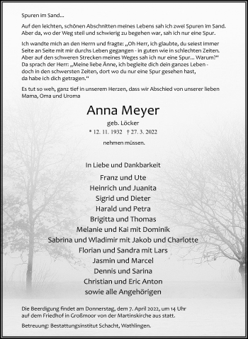 Traueranzeige von Anna Meyer von Cellesche Zeitung