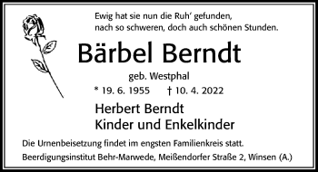 Traueranzeige von Bärbel Berndt von Cellesche Zeitung