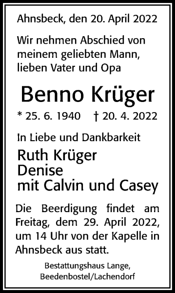 Traueranzeige von Benno Krüger von Cellesche Zeitung