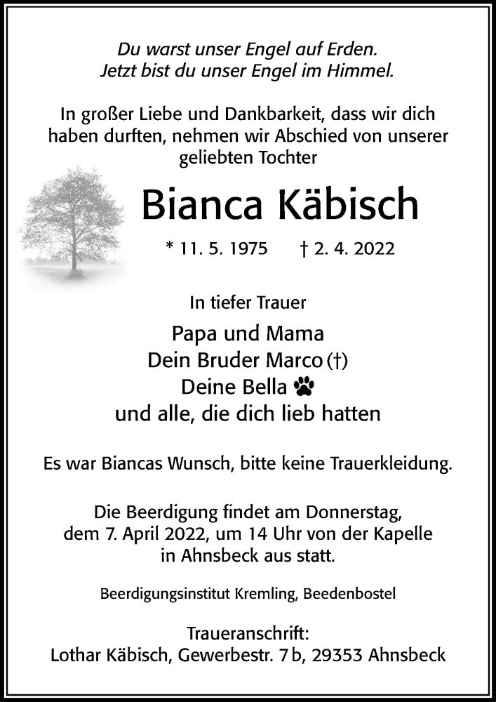  Traueranzeige für Bianca Käbisch vom 05.04.2022 aus Cellesche Zeitung