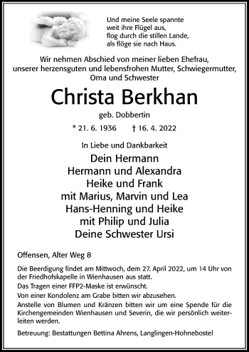 Traueranzeige von Christa Berkhan von Cellesche Zeitung