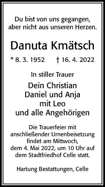 Traueranzeige von Danuta Kmätsch von Cellesche Zeitung