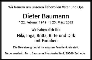 Traueranzeige von Dieter Baumann von Cellesche Zeitung