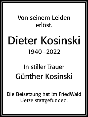 Traueranzeige von Dieter Kosinski von Cellesche Zeitung