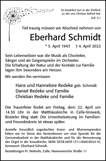 Traueranzeige von Eberhard Schmidt von Cellesche Zeitung