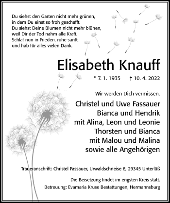 Traueranzeige von Elisabeth Knauff von Cellesche Zeitung