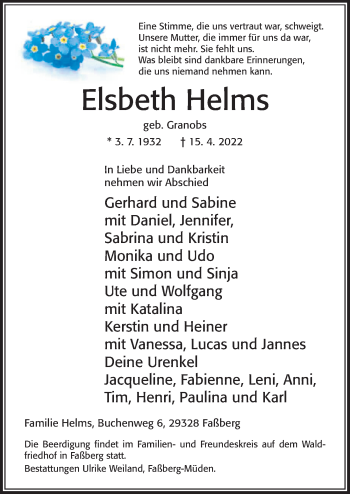 Traueranzeige von Elsbeth Helms von Cellesche Zeitung