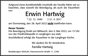 Traueranzeige von Erwin Hartwig von Cellesche Zeitung