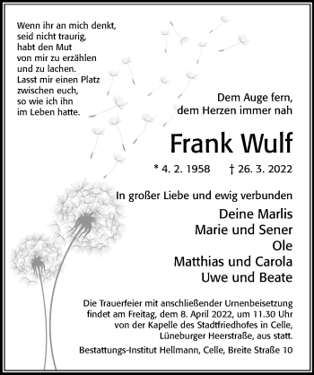 Traueranzeige von Frank Wulf von Cellesche Zeitung