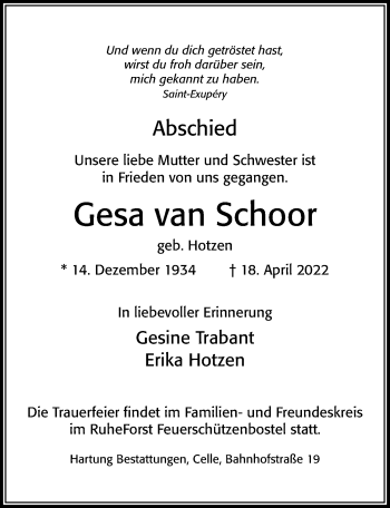 Traueranzeige von Gesa van Schoor von Cellesche Zeitung