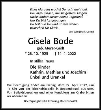 Traueranzeige von Gisela Bode von Cellesche Zeitung