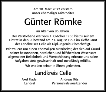 Traueranzeige von Günter Römke von Cellesche Zeitung