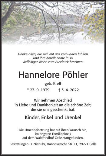 Traueranzeige von Hannelore Pöhler von Cellesche Zeitung