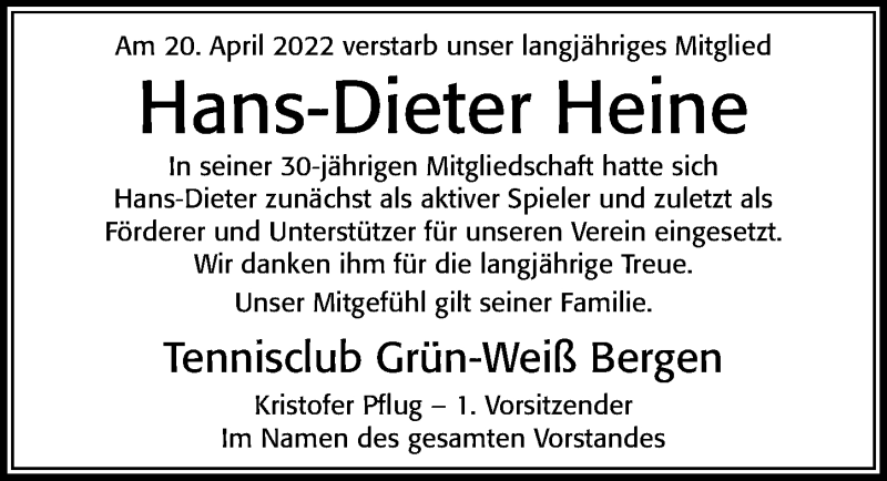  Traueranzeige für Hans-Dieter Heine vom 30.04.2022 aus Cellesche Zeitung