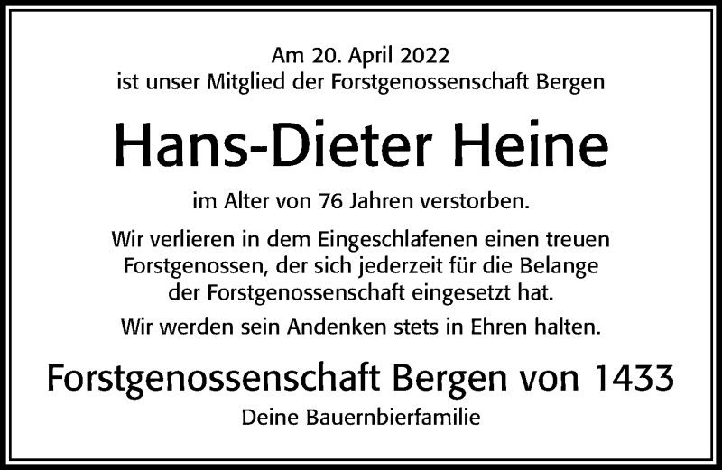  Traueranzeige für Hans-Dieter Heine vom 30.04.2022 aus Cellesche Zeitung