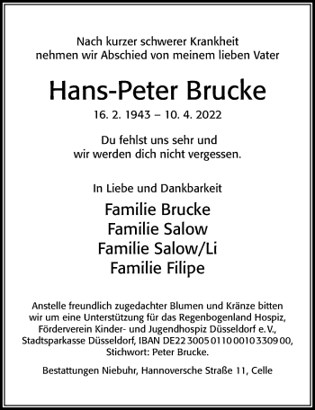 Traueranzeige von Hans-Peter Brucke von Cellesche Zeitung