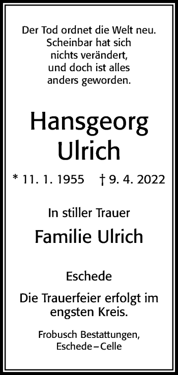 Traueranzeige von Hansgeorg Ulrich von Cellesche Zeitung