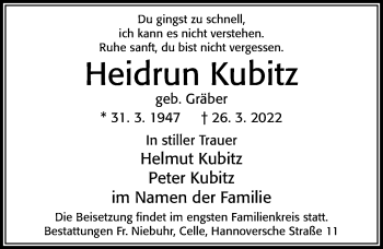 Traueranzeige von Heidrun Kubitz von Cellesche Zeitung