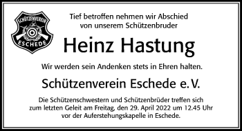 Traueranzeige von Heinz Hastung von Cellesche Zeitung