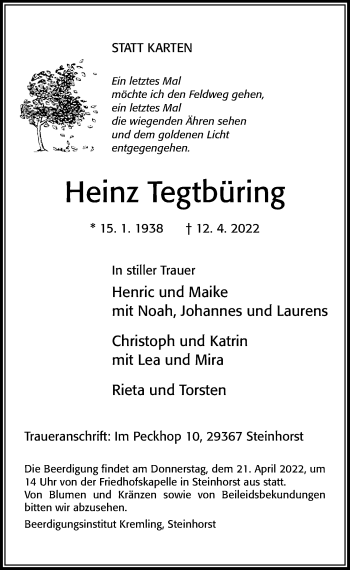 Traueranzeige von Heinz Tegtbüring von Cellesche Zeitung