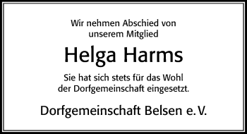 Traueranzeige von Helga Harms von Cellesche Zeitung