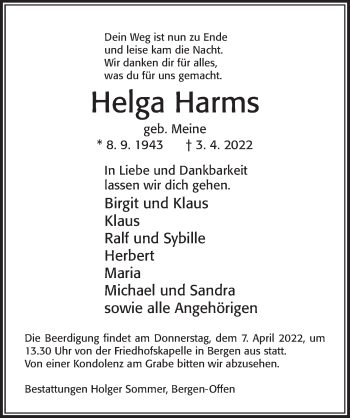 Traueranzeige von Helga Harms von Cellesche Zeitung