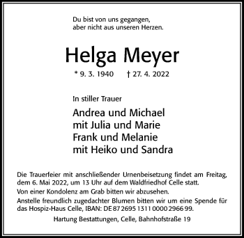Traueranzeige von Helga Meyer von Cellesche Zeitung