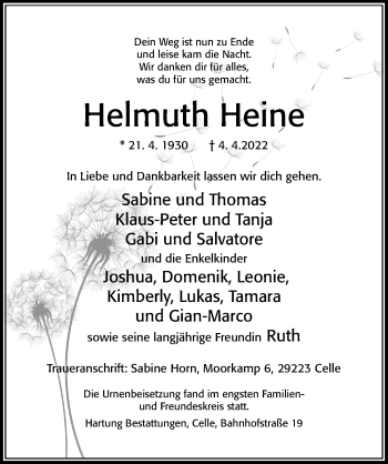 Traueranzeige von Helmuth Heine von Cellesche Zeitung