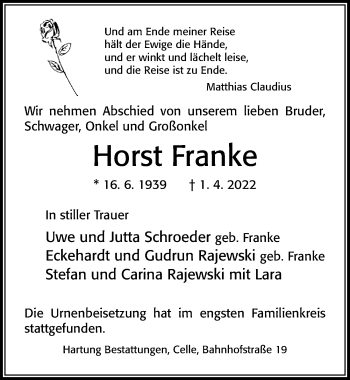 Traueranzeige von Horst Franke von Cellesche Zeitung