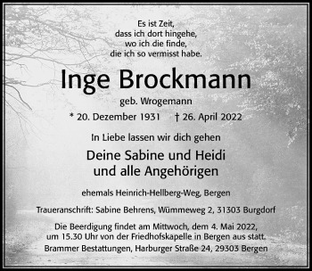 Traueranzeige von Inge Brockmann von Cellesche Zeitung