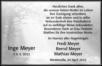 Traueranzeige von Inge Meyer von Cellesche Zeitung