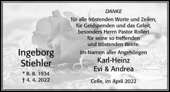 Traueranzeige von Ingeborg Stiehler von Cellesche Zeitung