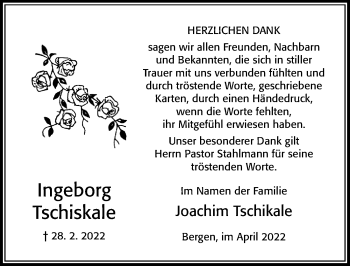 Traueranzeige von Ingeborg Tschiskale von Cellesche Zeitung