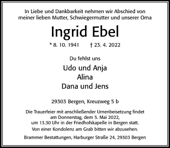 Traueranzeige von Ingrid Ebel von Cellesche Zeitung