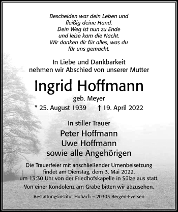 Traueranzeige von Ingrid Hoffmann von Cellesche Zeitung