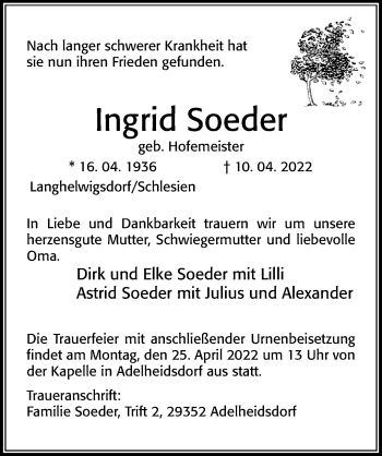 Traueranzeige von Ingrid Soeder von Cellesche Zeitung