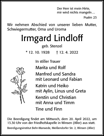 Traueranzeige von Irmgard Lindloff von Cellesche Zeitung