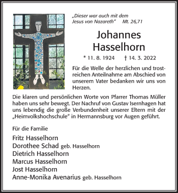 Traueranzeige von Johannes Hasselhorn von Cellesche Zeitung