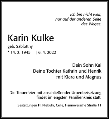 Traueranzeige von Karin Kulke von Cellesche Zeitung