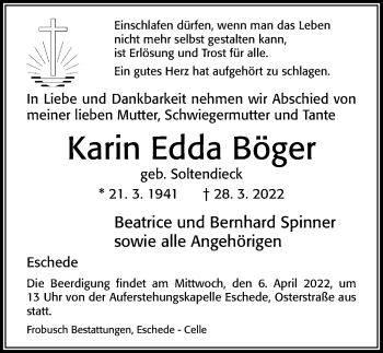 Traueranzeige von Karin Edda Böger von Cellesche Zeitung